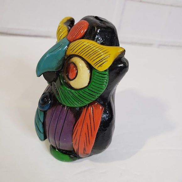 Cool Vintage Aztec Owl with Tie Whistle Black Pottery 4" Red Eyes Folk Art Decor - Picture 2 of 11